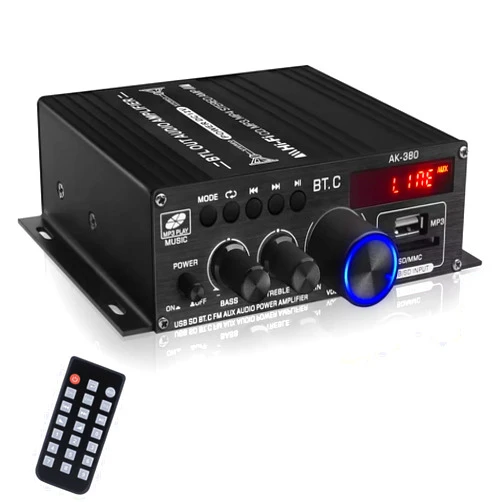 WOOPKER Audio Amplifier AK380 Bluetooth Amplifier with Remote Control 2.0 CH HiFi Stereo Amp Receiver Supports Bluetooth/USB/AUX/RCA Input and FM Radio Function (with 12V/5A DC Power Supply) (AK-380)