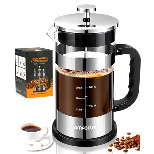 AMFOCUS French Press Coffee Tea Maker - 34OZ Classic Coffee Press Heat-resistant Borosilicate Glass Coffee Pot with 4-Level Disassemble Filters, Portable Cold Brew Coffee Maker for Travel Home Gift (Silver)