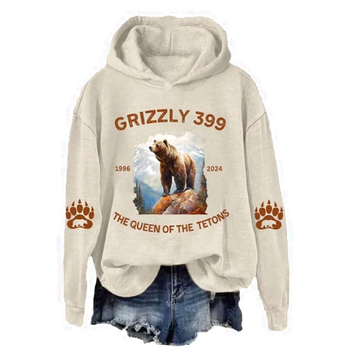 Generic Grizzly 399 The Queen of The Tetons 1996-2024 Sweatshirt Hoodie Bear Paw Shirt for Women