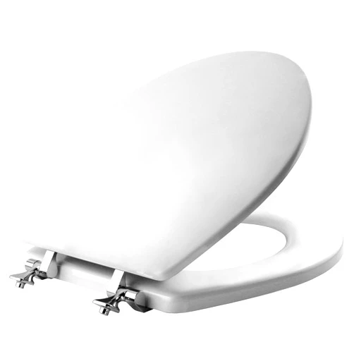 MAYFAIR 844CP 000 Edgewater Toilet Seat with Chrome Hinges will Never Come Loose, ROUND, Durable Enameled Wood, White
