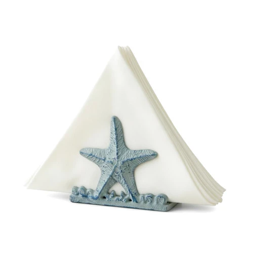 Comfy Hour Heavy Duty Cast Iron Starfish Napkin Holder, Decorative Nautical Coastal Decor for Kitchen Table & Countertop, Weighted Ocean Beach Theme Napkin Dispenser for Patio & Picnic, Blue