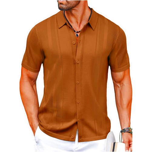 COOFANDY Men's Knit Shirts Short Sleeve Button Down Polo Shirt Vintage Casual Beach Shirt Summer Tops