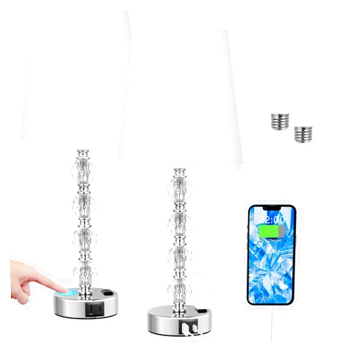 Acaxin Bedside Lamps for bedrooms Set of 2 Nightstand - Large Crystal Table Lamps with USB C Charging Ports and AC Outlet, 3 Way Dimmable Touch Control Silver Bed Side Table Lamp for Living Room/Dining Room