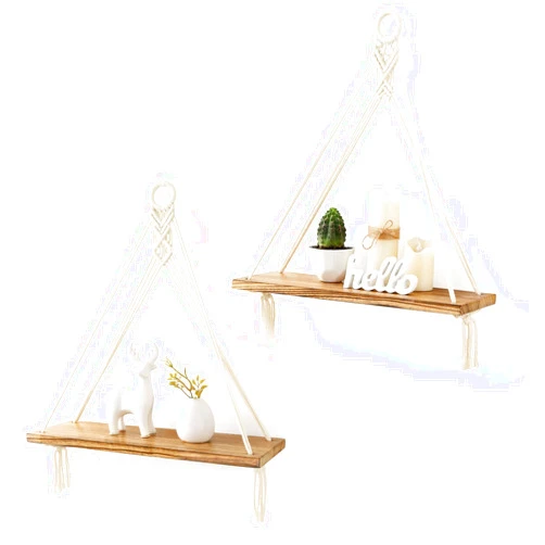 Mkono Macrame Hanging Shelves Boho Wall Decor Set of 2 Rustic Wood Floating Storage Shelf for Bedroom Bathroom Living Room Nursery Dorm Room, Display Shelving for Hanging Plants Photos