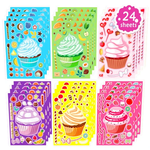 DUJAA 24 Sheets Make-a-face Stickers, Cupcake Stickers for Kids, Make Your Own Dessert Stickers Mix and Match Sweets Fruit Birthday Party Favor Supplies Craft