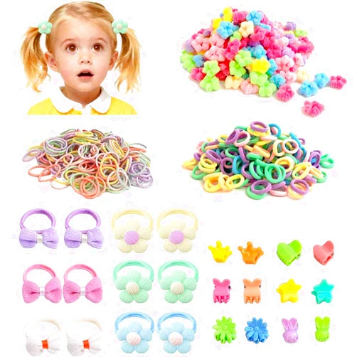 Aitoper 300 PCS Hair Ties Set Baby Toddlers, No Damage Baby Hair Ties, Mini Claw Clips, Flower Bow Elastic Scrunchies, Multi color Colorful Elastic Hair Ponytail Holder Hair Accessories for Baby Girls Kids