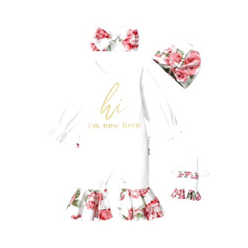 AGAPENG Newborn Girl Clothes Ruffle Letter Print Romper Infant Bell Bottom Jumpsuit Boho Baby Girl Clothes with Headband Hat