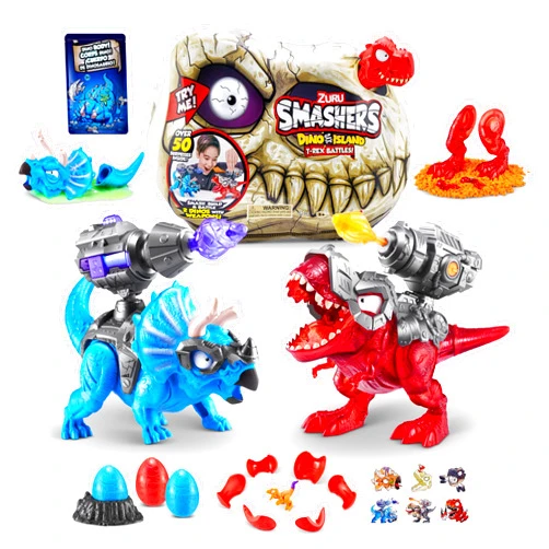 ZURU SMASHERS Smashers Dino Island T-Rex Battles (Red Version) by ZURU 50+ Surprises Boys Collectible Dinosaur T-Rex Triceratops Surprise Slime Sand Compounds Discovery