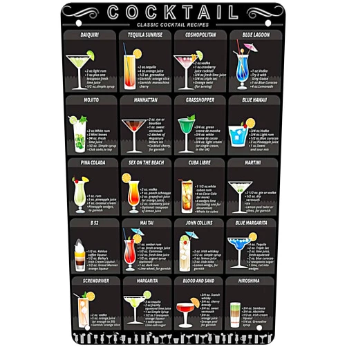 WANLIAN Cocktail Menu Retro Vintage Bar Metal Tin Sign Poster Ptyle Wall Art Pub Bar Decor 12x8 inches(COCKTAIL)