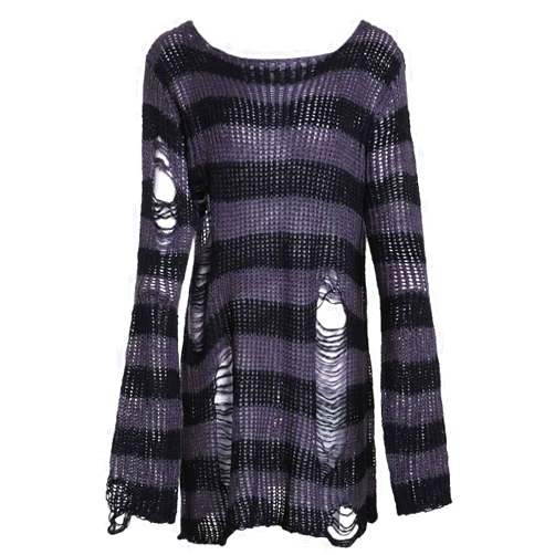 Peaceglad Womens Oversized Goth Punk Ripped Striped Long Sleeve Pullover Sweater Dress Tops
