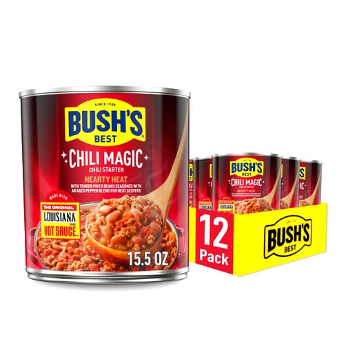 BUSH'S BEST 15.5 oz Canned Chili Magic Chili Beans Hearty Heat, Source of Plant Based Protein and Fiber, Low Fat, Gluten Free, (Pack of 12)