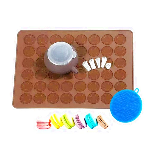 Artiware Food Grade Silicone Brown color Macaron Baking Kit Tray Set w. Piping Pot 4 types of nozzles & 1 Cleaning Scrubbing pad non stick reusable Macaroon Baking Supplies