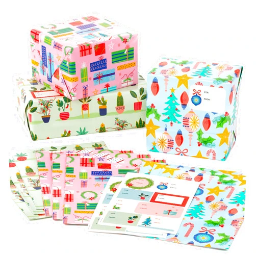 Hallmark Cute Christmas Flat Wrapping Paper Sheets with Cutlines on Reverse (12 Folded Sheets with Sticker Gift Tags) Pink, Mint Green, Plants, Cactus, Presents, Ornaments