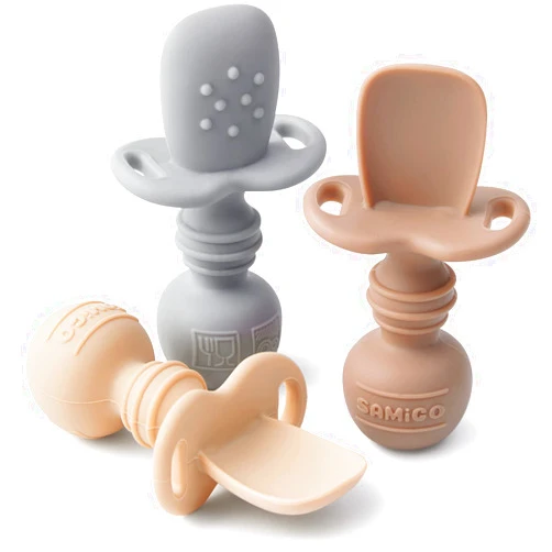 SAMiGO Silicone Baby Spoons Self Feeding 6+ Months - Infant Toddler Utensils - First Stage Baby Led Weaning Feeding Supplies - Set of 3 Pack