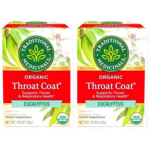Traditional Medicinals Tea, Organic Throat Coat Eucalyptus, Throat and Respiratory Support, 16 Tea Bags (Pack of 2)