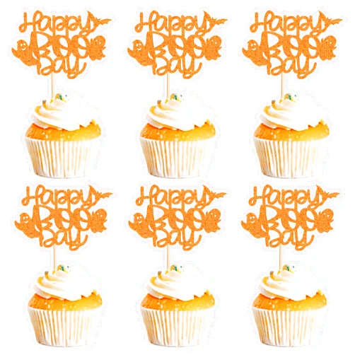 Ercadio 24 Pack Happy BOO Day Cupcake Toppers Glitter Orange Halloween Cupcake Toppers Ghost Cupcake Picks for Halloween Theme Birthday Party Cake Decoration Supplies Orange