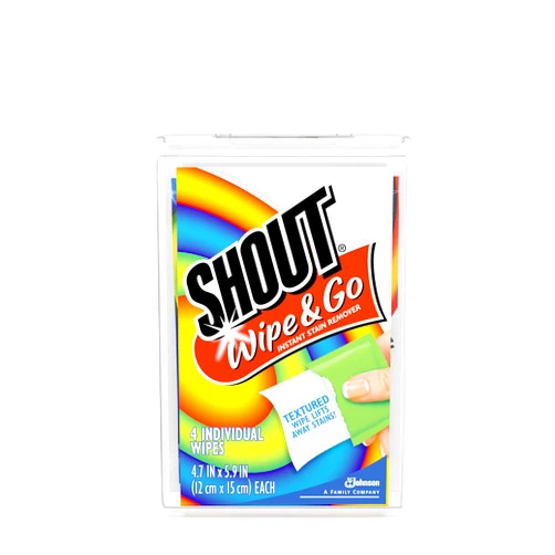 Shout Wipes Stain Remover for Clothes Laundry, Instant Stain Remover and Individually Wrapped, Travel Essentials, Works on Everyday Stains, 4 Wipes (Pack of 1)
