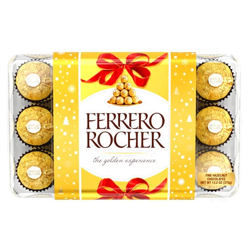 Ferrero Rocher Fine Hazelnut Milk Chocolate, 30 Count, Chocolate Christmas Candy Gift Box, Great for Holiday Entertaining, 13.2 oz