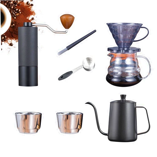 Betesine Manual Coffee Grinder set, brush, product manual, filter, filter paper, Stainless steel coffee cup X2,Measuring spoon, Glass coffeemaker, Long spout coffee pot (Coffee Grinder - black set)