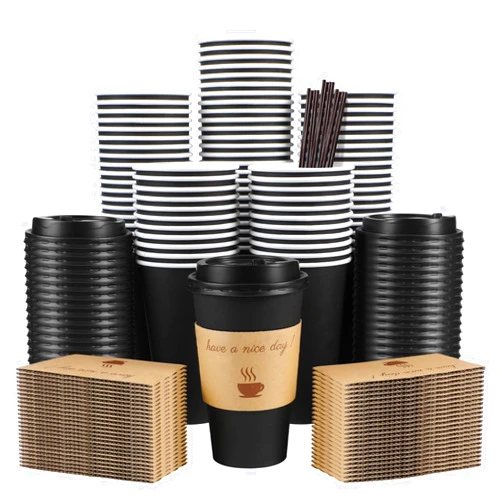 Clawsoff 100 Pack 16 oz Coffee Cups with Lids, Disposable To Go Paper Coffee Cups with Sleeves and Stirring Sticks for Hot/Cold Drinks Office Home Shop Event (Black)