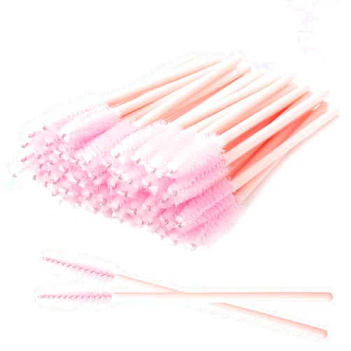 Mekupeu 500 Pcs Disposable Mascara Wands, Spoolies Brush for Eyelash Extensions, Spooly Eyelash Eyebrow Brushes Lash Wand Makeup Applicators Kit (light pink head)