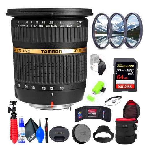 Tamron SP AF 10-24mm f / 3.5-4.5 DI II Compatible with Pentax (INTL Model) with 64GB Extreme Pro SD Card + 77mm Filter Set + 6-Inch Lens Case + Memory Card Wallet + SD Card Reader + Strap + More