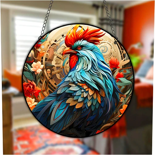 HOTIYOK Colorful Rooster Stained Acrylic Window Hanging Chicken Flower Suncatcher Home Decoration Memorial Gift for Women Mom Grandma Teacher Farm Animal Lover