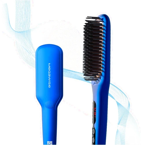 MEGAWISE Pro Ceramic Ionic Hair Straightener Brush for Home Salon, Straightening Hair Brush with 20s Heating Tech, Auto-Off, Anti-Scald with Universal Dual Voltage,Rotatable Power Cord, Gentian Blue