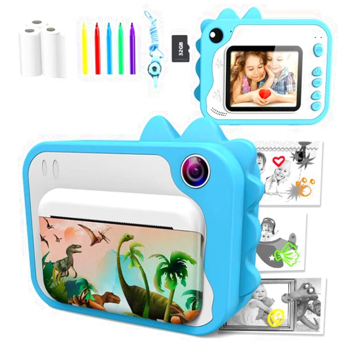 USHINING Kids Camera Instant Print 1080P HD Video Dinosaur Camera for Kids Aged 3-12 Ink Free Kids Instant Print Camera 12MP 2.4 Inch Portable Kids Camera for 3-13 Year Old Boys Girls Gifts Blue
