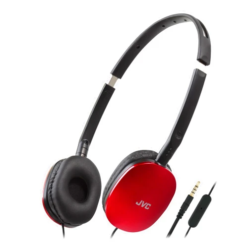 JVC Red Flat Foldable Colorful FLATS On Ear Headphones with Remote and Microphone, 3.94 foot Gold Plated 3.5mm Slim Plug - HAS160MR