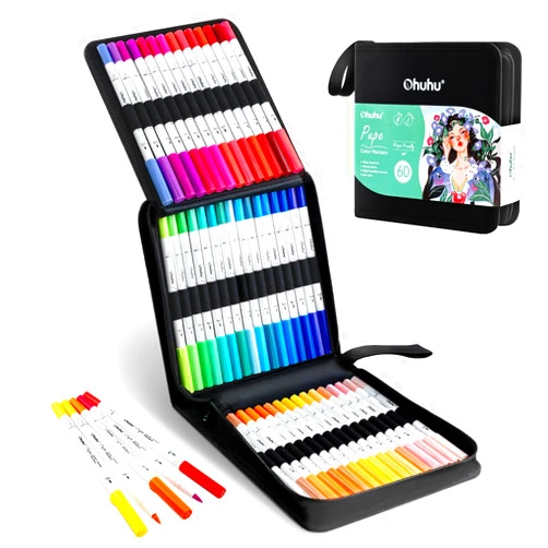 Ohuhu Markers Paper-friendly No Peeling Water-based 60 Colors Dual Brush Fineliner Tips Markers for Adult Coloring Books No Bleeding Coloring Markers for Kids Beginner Calligraphy - Pupe