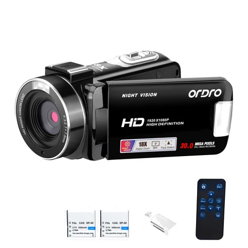 ORDRO B320 1080P 30FPS Video Camera Recorder, Full HD 30MP 18X Digital Zoom Camcorder, YouTube Vlogging Camera Infrared Night Vision, 3.0 Inch Flip Screen, 2 Batteries, Remote Control(Black)
