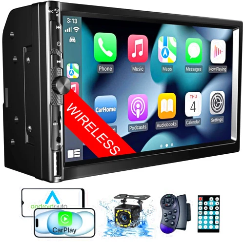 Durxenmnt Wireless 7 Inch Double Din Car Stereo with Apple Carplay,HD 1024 * 600 Touch Screen,FM Car Radio Receiver with Bluetooth 5.1 Hands-Free,GPS Navigation,Backup Camera,Android Auto,USB/AUX/TF/SWC/EQ
