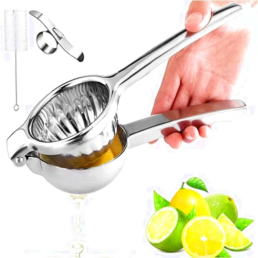 JeQucis Lemon Squeezer Stainless Steel 304, Manual Citrus Juicer, Premium Squeezer for Lemons and Oranges, Gift Of Stainless Steel Ring Orange Peeler and Cleaning Brush Included