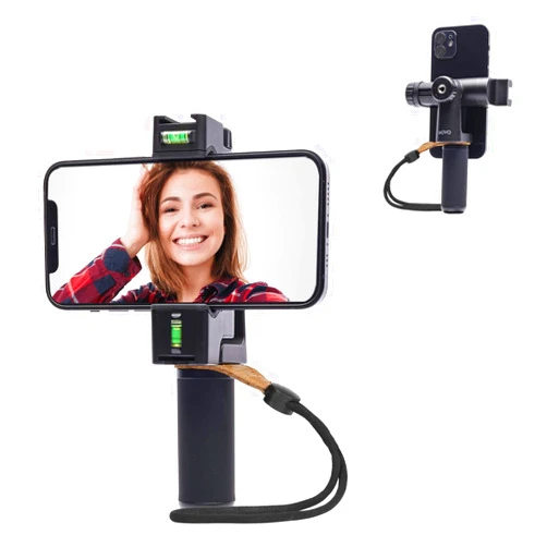Movo PR-3 Rotating Smartphone Grip Handle Rig with Vertical and Horizonal Positions, Wrist Strap, Tripod Mount, Cold Shoe Mount for Lights and Microphones - for iPhone, Samsung, Google, Android Phones