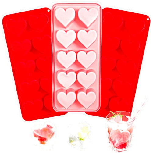 Webake Heart Ice Cube Molds, 10-Cavity Heart Shaped Silicone Molds for Chocolate, Ice Cubes, Candy, Soap, Pink Red Ice Cube Trays for Cocktails, Whiskey, Drinkings (Pack of 3)
