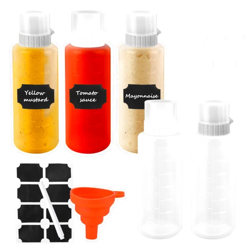 Generic 5pcs 12oz Porous Condiment Squeeze Bottles with Lids, Leak-proof Refillable 5 Nozzle Sauce Container for All Types Liquid, Plastic Five Hole Dispenser for Ketchup Mustard Mayo Honey Syrup Oil