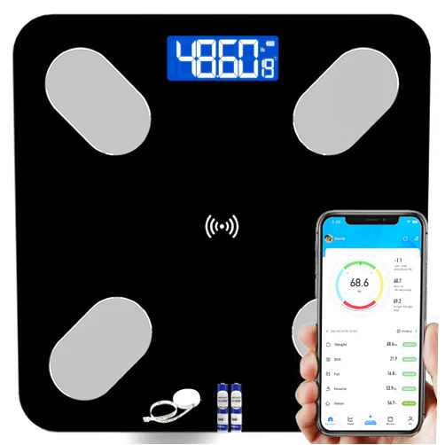 MOMODADA Scales for Body Weight, Accurate Weight Scales Bluetooth Body Fat Scale,Digital Bathroom Scale Included Body Tape Measure, Shine-Through Display, Data App, Black,11x11 Inches Digital Scale
