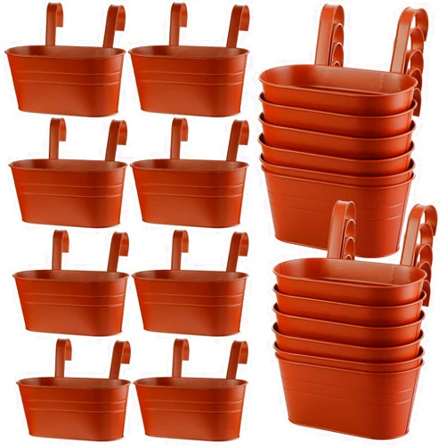 Hicarer 12 Pcs Metal Hanging Flower Pots, 10.6 Inch Fence Hanging Planters for Outdoor Window Balcony Plants Holder with Hooks for Garden Yard Home Decor (Brown)