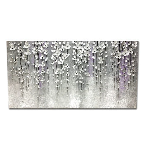 Yika Art 3D Paintings 24X48 Inch Modern Abstract Oil Painting Hand Painted On Canvas Abstract Artwork Picture Wall Decoration for living room - Silver Flower Wall Art (Gery)