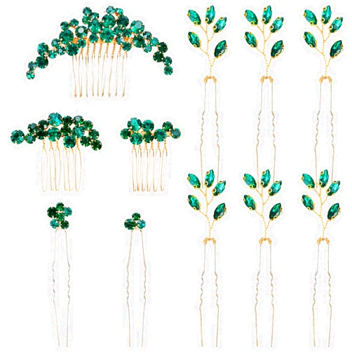 inSowni 11 Pieces Vintage Emerald Green Headpieces Party Prom Wedding Bridal Rhinestone Hair Side Combs Slides+U-shaped Hair Pins Accessories for Brides Bridesmaids Women Girls