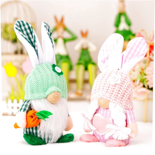 Cuiforest Easter Decoration Spring Gnome Easter Bunny Statue Ornament Faceless Gnome Rabbit Standing Gnome (pinkgreen)