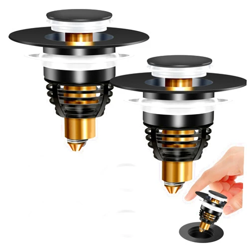 AURUZA 2 Pack Universal Bathroom Sink Stopper, Sink Strainer for 1.1-1.5 Inch Bullet Core Push Type Basin Pop Up Drain Filter,Bathtub Converter with Anti Clogging Filter Basket Hair Catcher(2PCS Black)