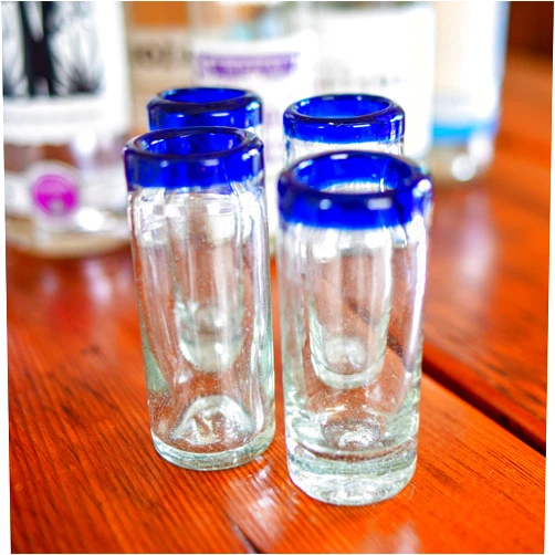 PINYAS Mexican Shot Glasses | Hand-Blown, Artisan Crafted | Blue Rim Tall Design | Perfect for Tequila or Mezcal | 2 oz. | Set of 4