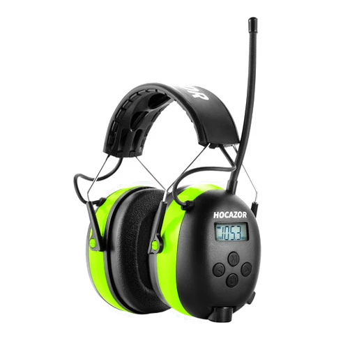 Hocazor HP10 FM AM Radio Headphones with LCD Display, 30dB SNR Hearing Protection Safety Earmuffs for Mowing Work Shops, Green
