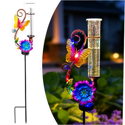 Viterlight Butterfly Rain Gauge Outdoor, Solar Rain Gauge with Metal Stake, 7 Inch Tube Decorative Color Lights Rain Measure Gauge for Patio, Lawn, Garden