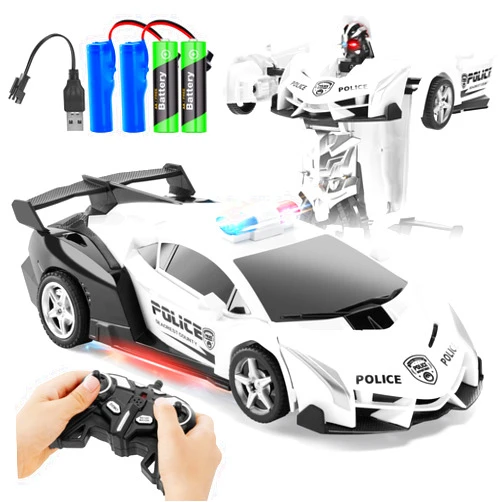 SwordRain 2.4G Remote Control Transformer Car, Rechargeable RC Police Car Toy with Flashing Lights, Convertible Robot & Vehicle, Gift for Kids,Police Transformer Cars for Boys 4-6 7 8-12 (Black/White)