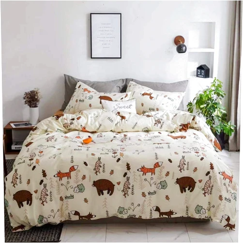 Houseri Beige Bear Comforter Set Queen Teen Girls Woodland Kawaii Fox Rabbit Cartoon Bedding Sets Full Size Boys Animal Patterned Comforter Comfy Soft Forest Theme Dorm Bed Quilt Blanket Full 3 PCS