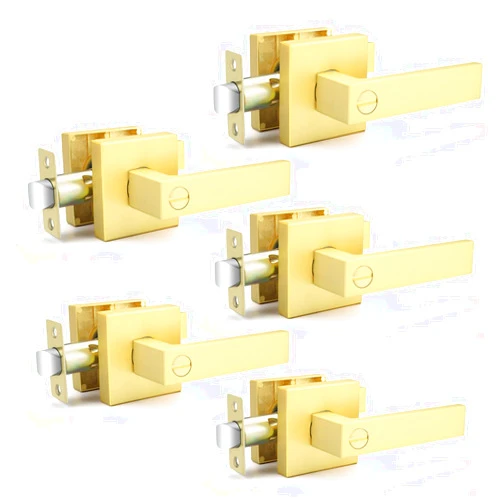 Bonpoly 5 Pack Satin Brass Lever Door Handles, Heavy Duty Door Lever, Privacy Door Lock Set Door Hardware, Left or Right Handing Door Handles, Door Knob Lever