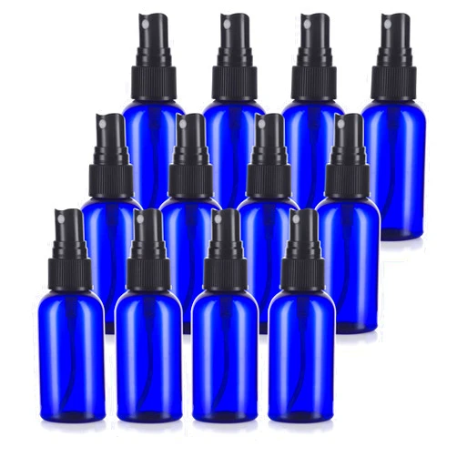 JUVITUS Cobalt Blue 2 oz Boston Round PET Plastic Bottles (BPA Free) with Black Fine Mist Sprayer (12 Pack)